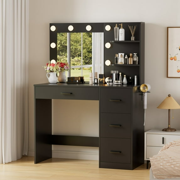 Lumihaven Makeup Vanity Desk with LED Lighted Mirror - Modern Dressing Table with 4 Drawers & 3 Shelves, Adjustable Brightness, Space-Saving Design for Small Bedroom/Bathroom,Black