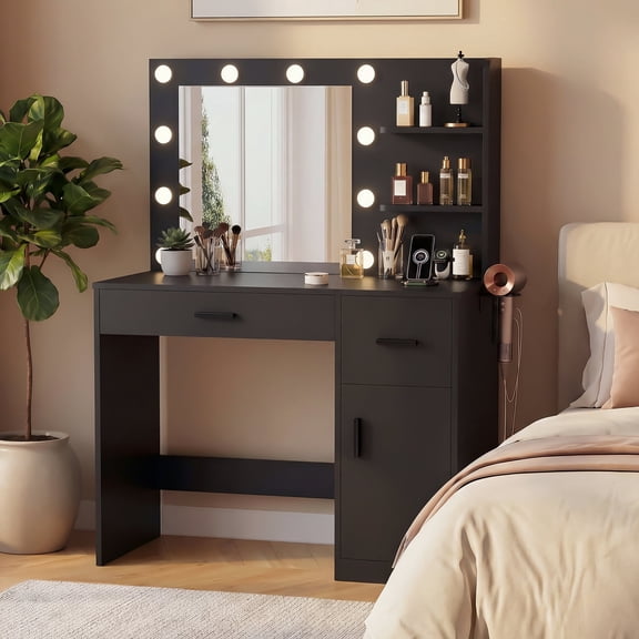Vineego Makeup Vanity Desk with Mirror, Vanity Set with Charging Outlets and LED Lights, Vanity Table with Storage Shelves Drawers and Cabinet for Bedroom Dressing Room, Black