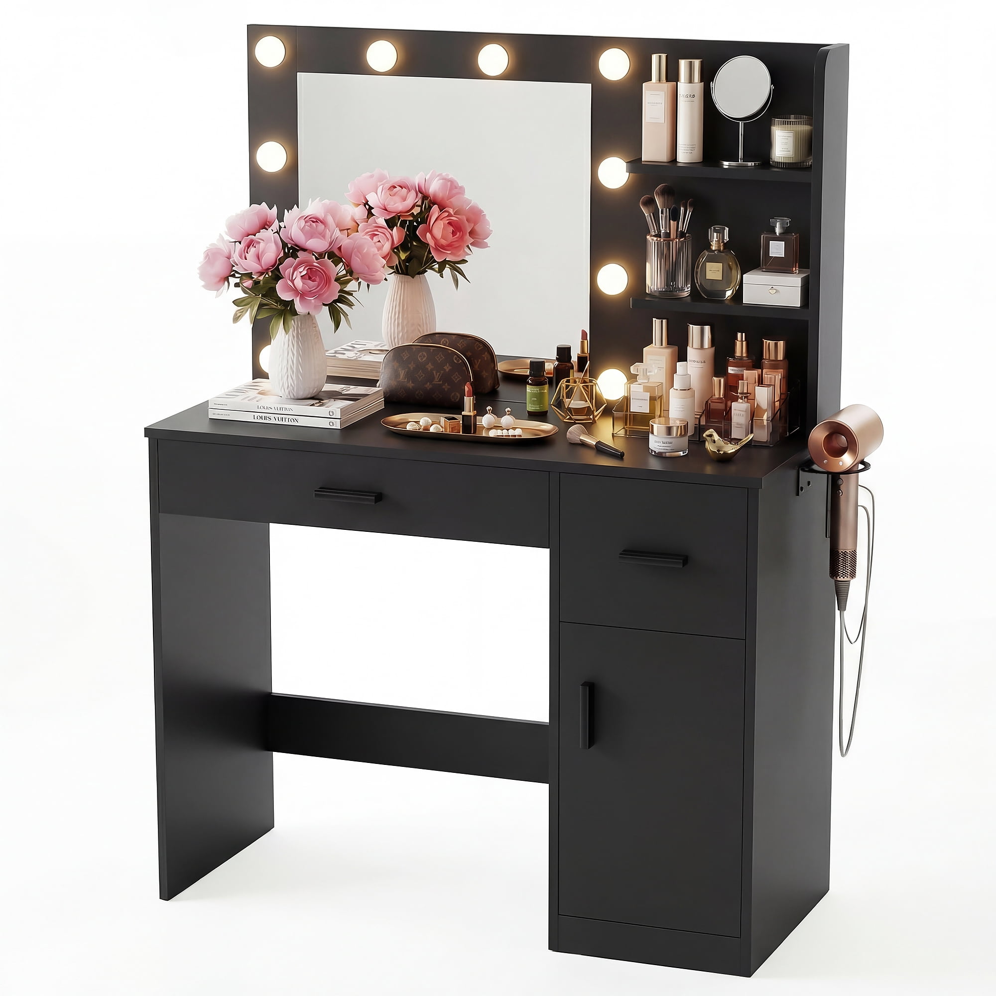 Vineego Makeup Vanity Desk with Mirror, Vanity Set with Charging Outlets and LED Lights, Vanity Table with Storage Shelves Drawers and Cabinet for Bedroom Dressing Room, Black