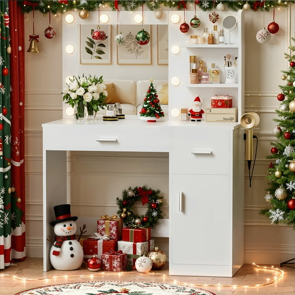 Lumihaven Makeup Vanity Desk with Mirror, Vanity Set with Charging Outlets and LED Lights, Vanity Table with Storage Shelves Drawers and Cabinet for Bedroom Dressing Room, White