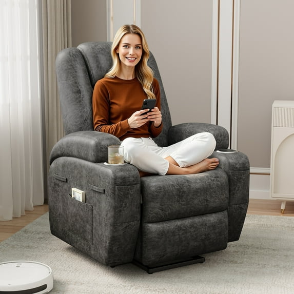 Lumihaven Power Lift Recliner Chair with Massage - Remote Control, Leathaire Fabric, Cup Holders for Elderly & Home Theater,Black