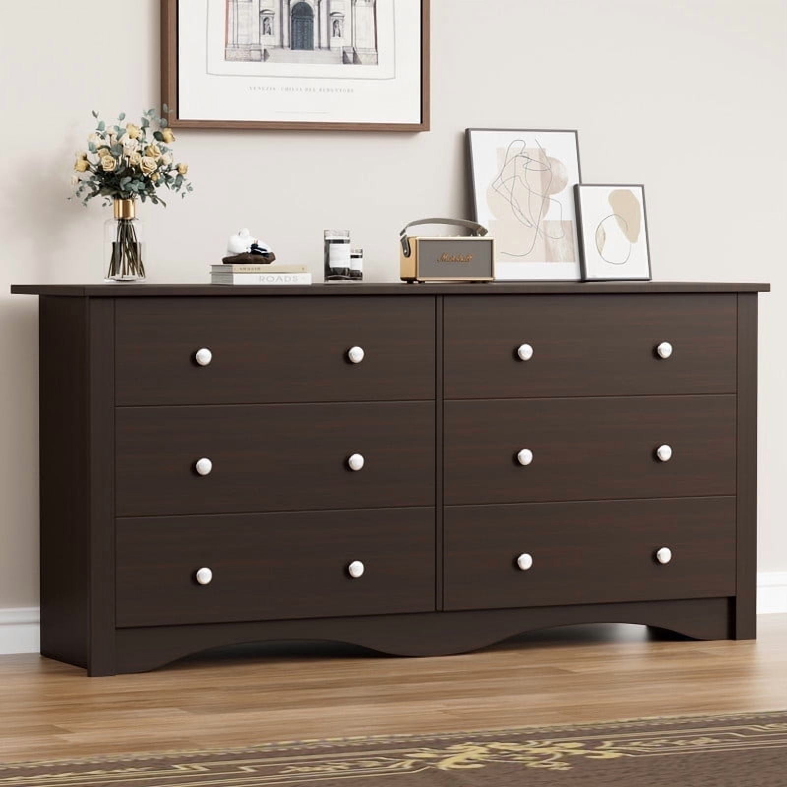 dark brown double dresser Curved 6 Drawer Double Dresser Dark Brown Acacia Wood 58 inch – SLATE CUSTOM main image 1