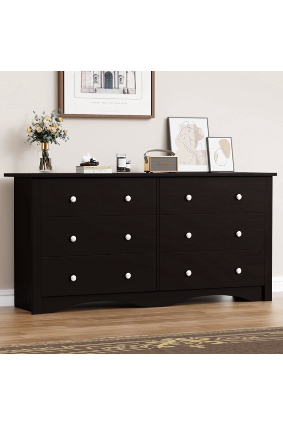 58'' 6 Drawers Dresser, Rustic Modern Chest of 6 Drawers Extra Wide Double Dresser for Master Bedroom or Nursery Storage,Brown