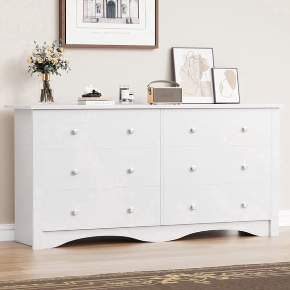 Vineego Rustic Modern Chest of 6 Drawers,Extra Wide Double Dresser for Master Bedroom or Nursery Storage,White
