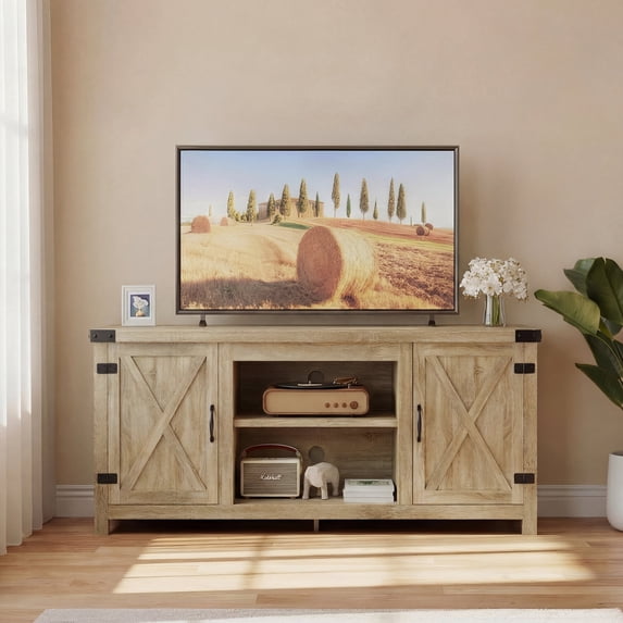 Vineego TV Stand for 65 Inch TVs, Farmhouse Oak Storage Cabinet with Cable Management and Hidden Compartment