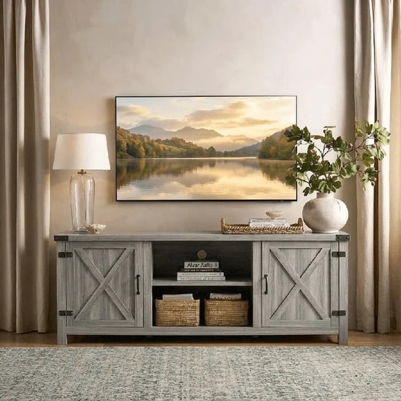Lumihaven TV Stand for 65 Inch TVs, Farmhouse Storage Cabinet with Sliding Doors and Cord Management, Gary