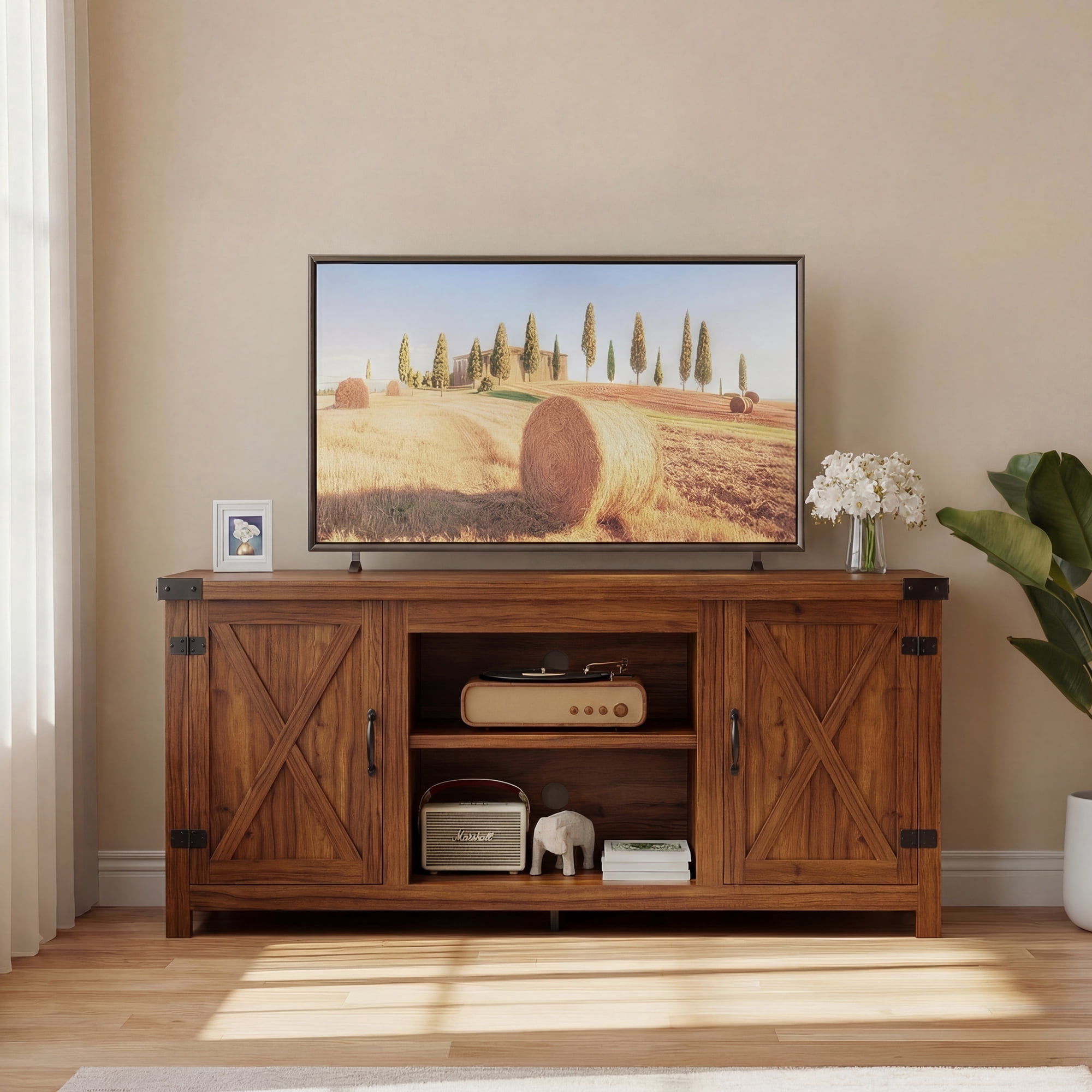 Vineego TV Stand for 65 Inch TVs, Farmhouse Storage Cabinet with Sliding Doors and Cord Management, Rustic Brown