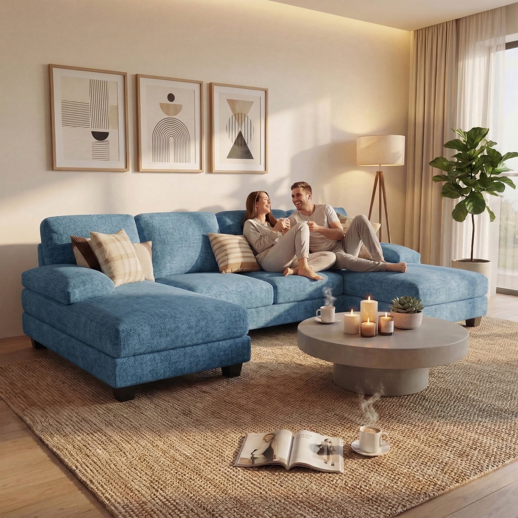 Vineego 105" U-Shaped Sectional Sofa with Double Chaise 4-Seat Modular Sofa Couch for Living Room,Chenille Blue