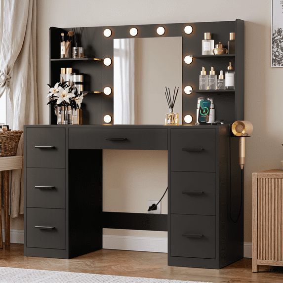 Vineego Vanity Desk with Adjustable Lighted Mirror, Vanity Table Set with Drawers & Storage Shelves, Makeup Vanity for Bedroom Dressing Room, Black