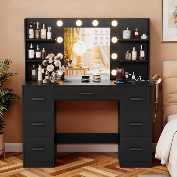 Vineego Vanity Desk with Adjustable Lighted Mirror, Vanity Table Set with Drawers & Storage Shelves, Makeup Vanity for Bedroom Dressing Room, Black