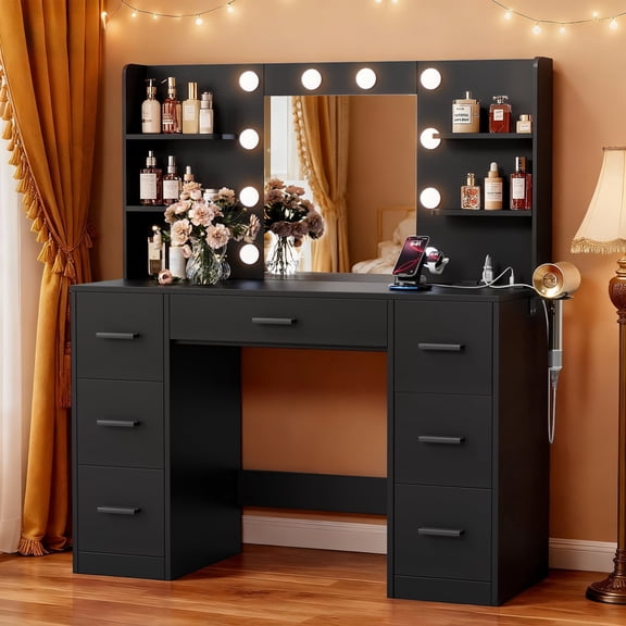 Vineego Vanity Desk with Adjustable Lighted Mirror, Vanity Table Set with Drawers & Storage Shelves, Makeup Vanity for Bedroom Dressing Room, Black