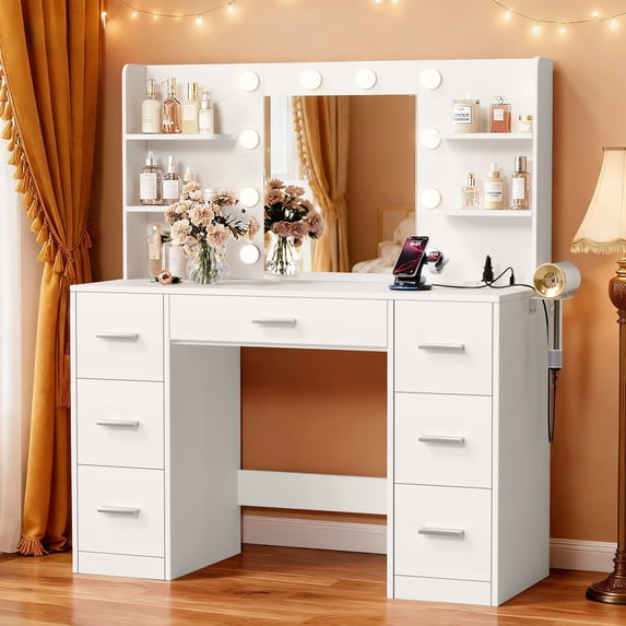 Vineego Vanity Desk with Adjustable Lighted Mirror, Vanity Table Set with Drawers & Storage Shelves, Makeup Vanity for Bedroom Dressing Room, White