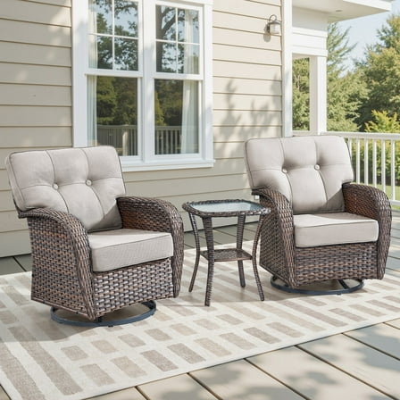 Lumiinofami 3-Piece Outdoor Bistro Sets, Patio Wicker Furniture Sets with Swivel Rocking Chairs and Glass Side Table, All-Weather Rattan Chairs Set with 5" Thick Cushions, Beige