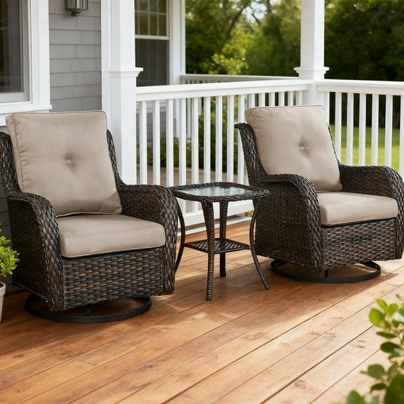 Lumiinofami 3 Piece Patio Wicker Furniture Swivel Rocking Bistro Sets,Outdoor Rattan Rocker Glider Chairs and Side Table Set for Porch Deck Balcony, Brown/Beige