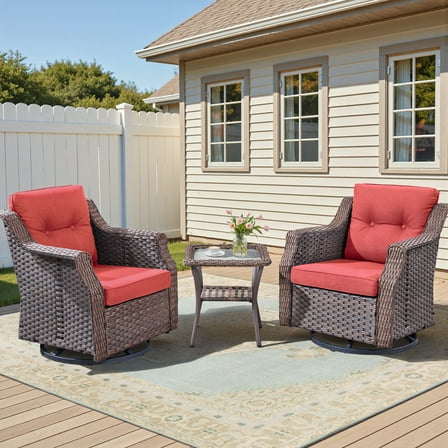 Lumiinofami 3 Pieces Patio Furniture Set, Outdoor Wicker Swivel Gliders Rocking Chairs with Glass Top Side Table (Red)