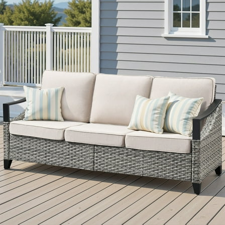 Lumiinofami 3-Seat Outdoor Rattan Sofa Patio PE Wicker Couch Deep Seating High Back Furniture with Beige Cushions