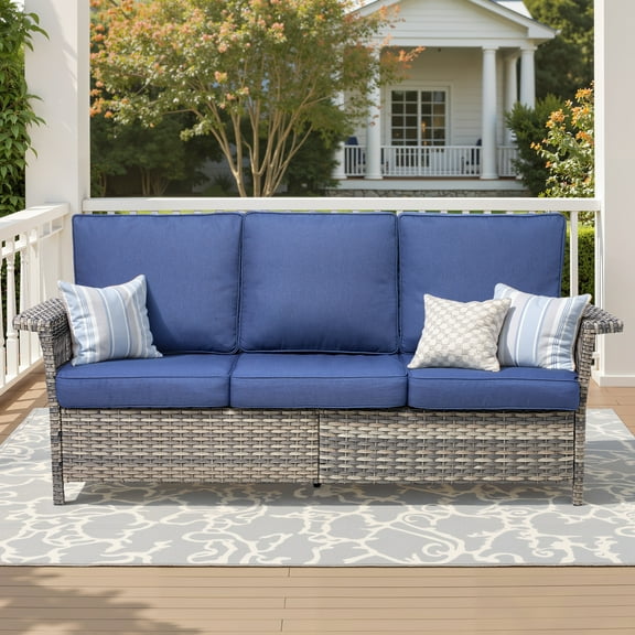Lumiinofami 3-Seat Patio Sofa Furniture, All-Weather PE Wicker Rattan Couch with Deep Seat and Navy Cushions