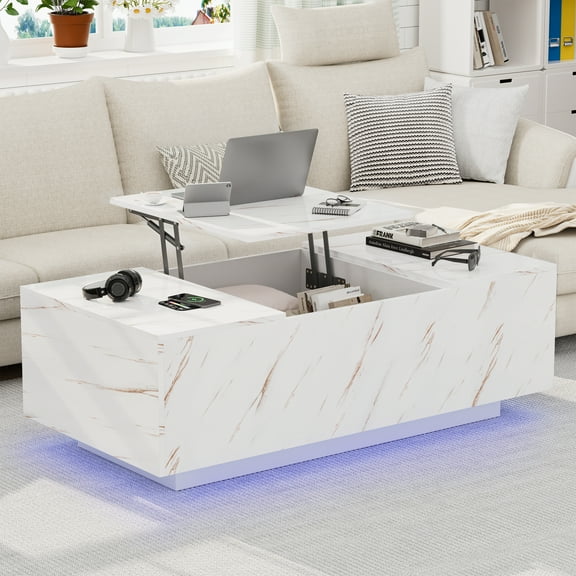 Lumiinofami 47" Lift Top Coffee Table, Faux Marble Wooden Coffee Table with Storage and LED Lights, Modern Center Table with Wireless Charging Station for Living Room, White
