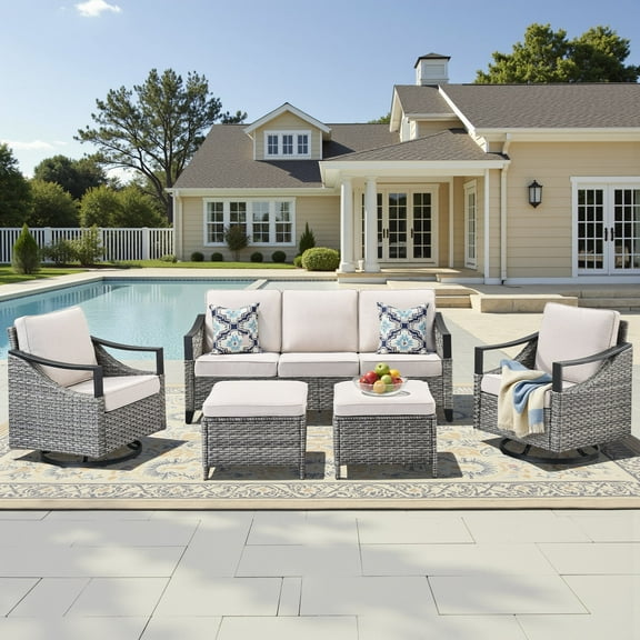 Lumiinofami 5 PCS Patio Furniture Sets Outdoor Wicker Swivel Rocking Chairs with Ottomans Patio Sectional Conversation Sofa Set with Glider Rocker Chairs for Garden, Balcony and Porch, Beige