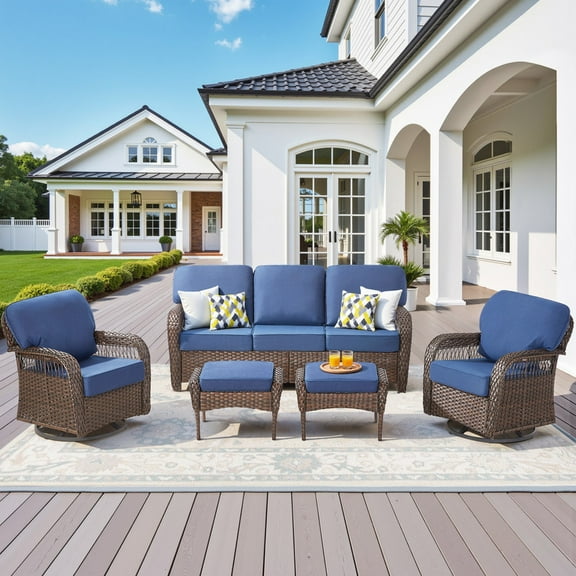 Lumiinofami 5 Piece Outdoor Patio Wicker Furniture Sets with 3-Seat Sofa, 2 Swivel Rocking Chairs and 2 Ottomans for Backyard Balcony Porch, Brown Wicker/Blue Cushions