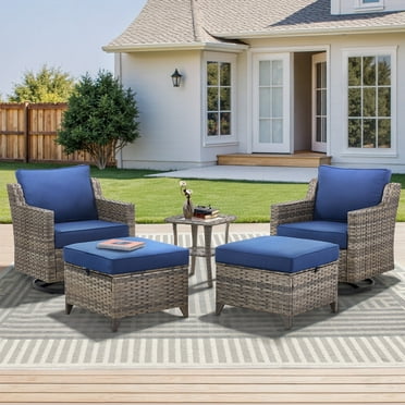 Lumiinofami 5-Piece Patio Funiture Sets, Outdoor Wicker Sectional Conversation Sofa Sets with Navy Cushions