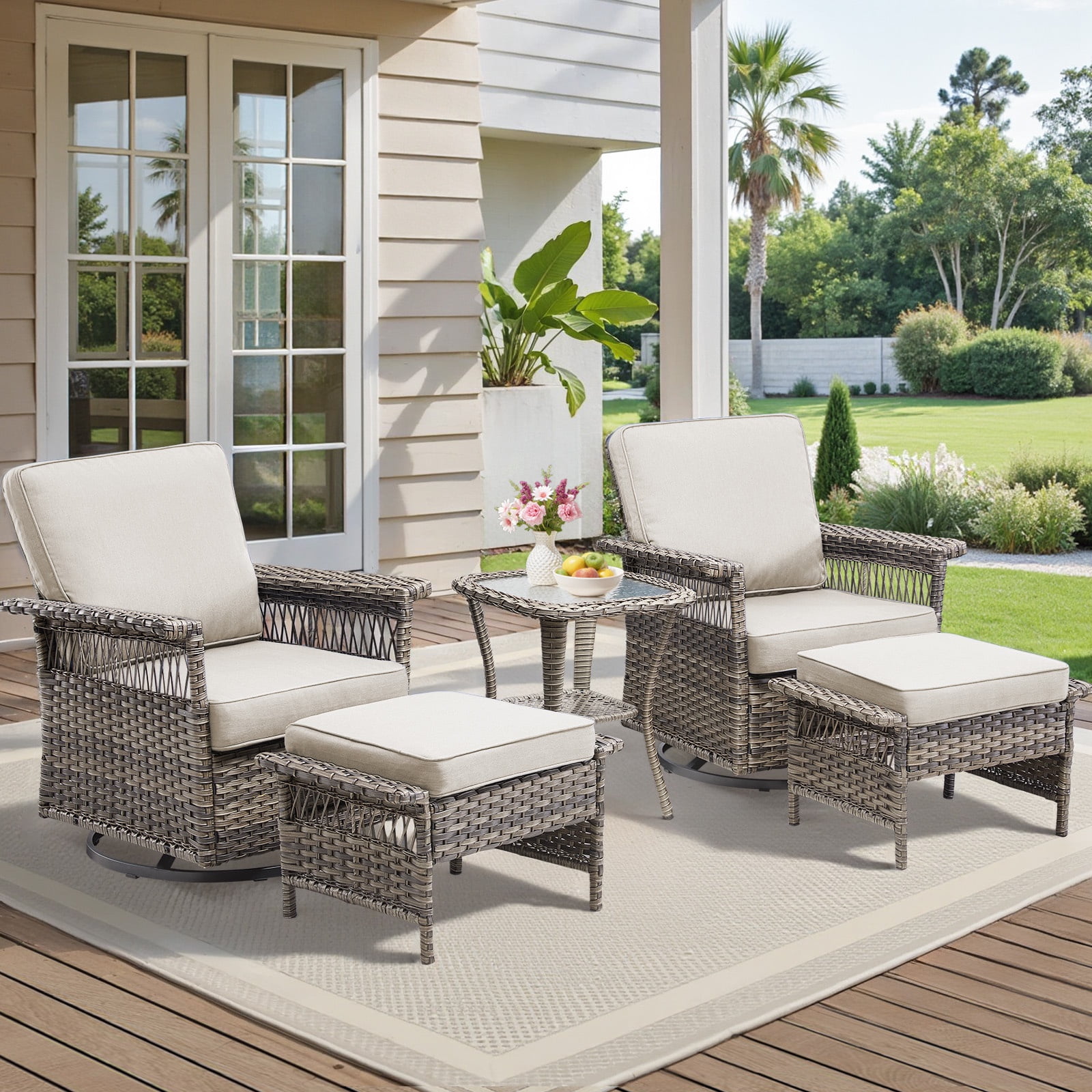 Lumiinofami 5 Piece Patio Furniture Set, Wicker Outdoor Patio Conversation Swivel Glider Rocker Chairs Set with Ottomans and Storage Side Table for Balcony Deck Garden, Beige Cushions