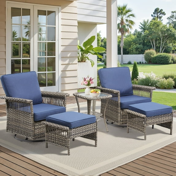 Lumiinofami 5 Piece Patio Furniture Set, Wicker Outdoor Patio Conversation Swivel Glider Rocker Chairs Set with Ottomans and Storage Side Table for Balcony Deck Garden, Navy Cushions