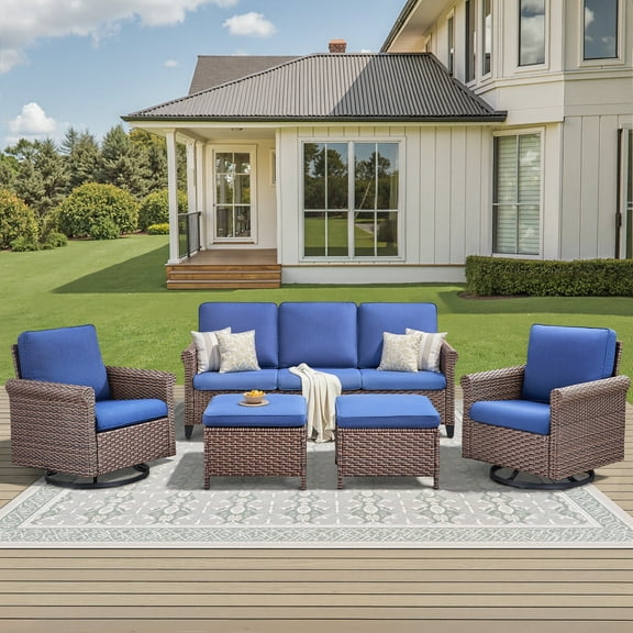 Lumiinofami 5 Piece Patio Furniture Sets, Wicker Conversation Sofa Swivel Rocking Chairs with Ottomans, Patio Sectional Sofa Set with Glider Rocker Chairs for Garden, Balcony and Porch, Navy
