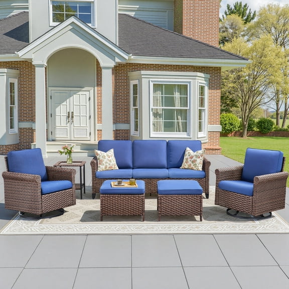 Lumiinofami 6-Piece Patio Furniture Sets, Patio Rattan Wicker Sofas Outdoor Swivel Rocking Chairs with Ottomans, Glass Side Table, Conversation Glider Rocker Chairs Set for Porch, Patio, Yard, Navy