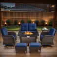 thumbnail image 1 of Lumiinofami 7 Piece Patio Furniture Set with 43" Fire Pit Table, Wicker Rattan Patio Sectional Conversation Glider Loveseat Swivel Rocking Chairs Outdoor Seating Furniture Set with Blue Cushion, 1 of 11