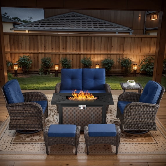 Lumiinofami 7 Piece Patio Furniture Set with 43" Fire Pit Table, Wicker Rattan Patio Sectional Conversation Glider Loveseat Swivel Rocking Chairs Outdoor Seating Furniture Set with Blue Cushion