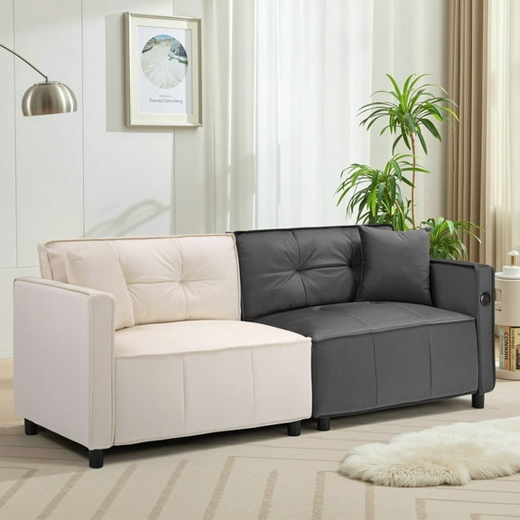Lumiinofami 83" Velvet Upholstered Sofas Modern Deep Seat Modular Sectional Loveseats with USB Ports and Pillows, Gray & Beige