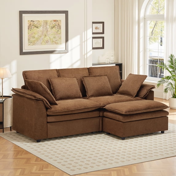 Lumiinofami 87" W Sectional Sofa with Ottoman, Chenille Modular Upholstered Deep Seat Chaise Sofa Couch, Brown