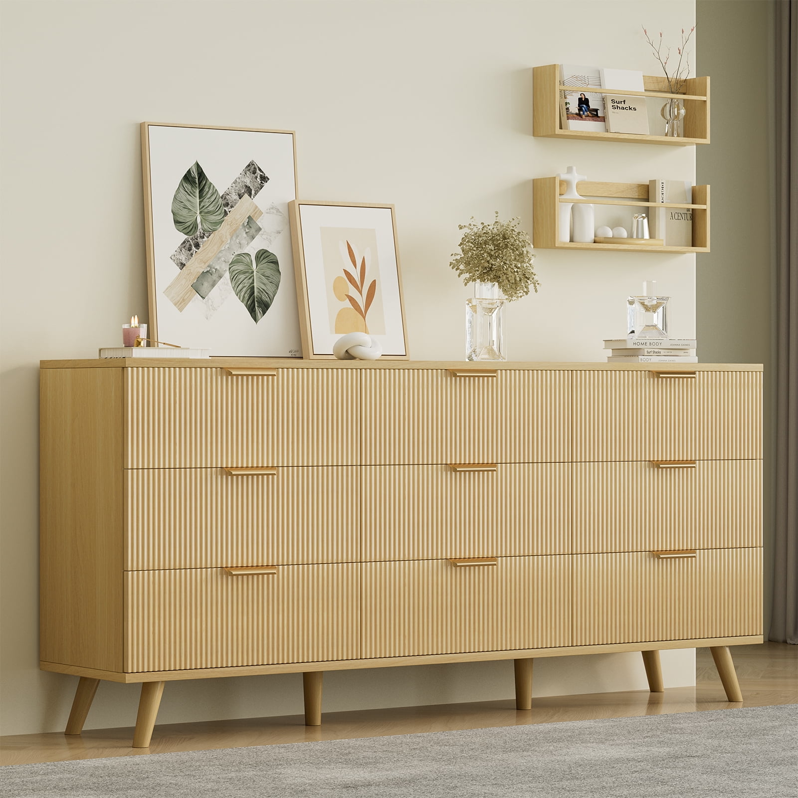 Lumiinofami 9 Drawer Dresser for Bedroom, Boho Fluted Wooden Chest of 9 Drawers Storage Cabinet for Living Room, Oak