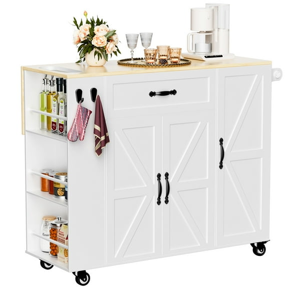 Lumiinofami Kitchen Island Cart, 43" Rolling Storage Cabinet on Wheels with Drop Leaf Countertop, White