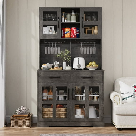Lumiinofami Kitchen Pantry Cabinets, 71" Farmhouse Wooden Microwave Stand Hutch with Storage, Charging Station and Wine Racks, Oak Gray