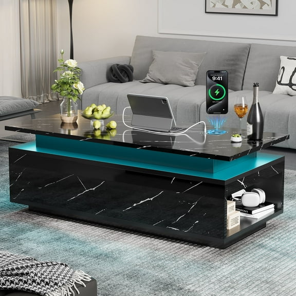 Lumiinofami LED Coffee Table with Storage, Modern High-Gloss Coffee Center Table with Wireless Charging and Bluetooth Speaker for Living Room, Black