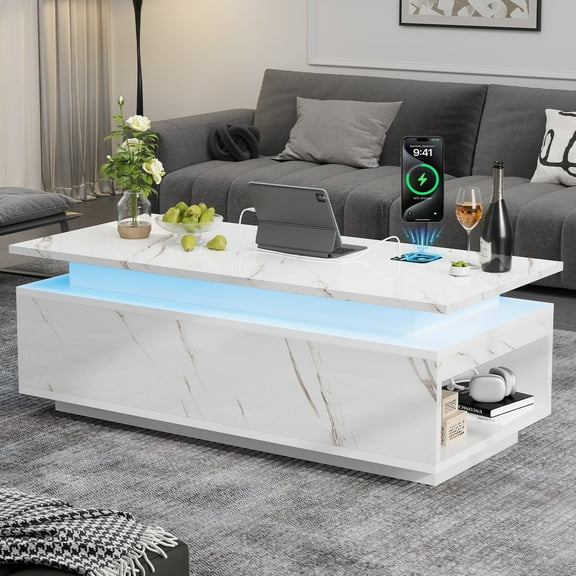 Lumiinofami LED Coffee Table with Storage, Modern High-Gloss Coffee Center Table with Wireless Charging and Bluetooth Speaker for Living Room, White
