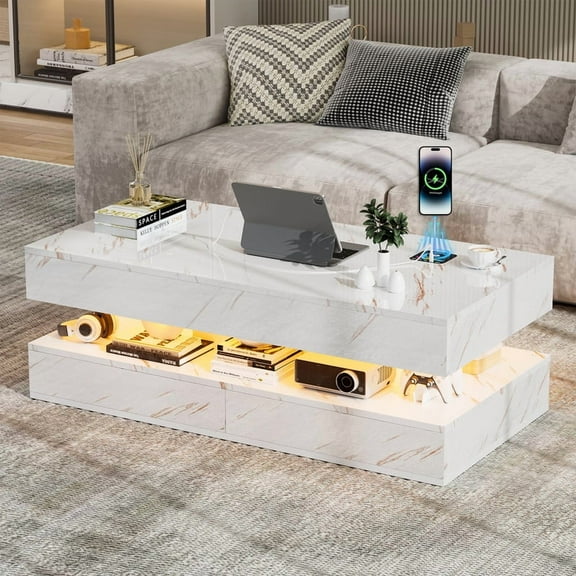 Lumiinofami LED Coffee Table with Storage, Modern High-Gloss Coffee Center Table with Wireless Charging for Living Room, White