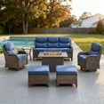 thumbnail image 1 of Lumiinofami Luxury 7-Piece Patio Wicker Furniture Sets with Fire Pit Table, Outdoor Rattan Sectional Conversation Sets with Swivel Rocking Chairs, Ottomans, Side Table and 6" Cushions, Blue, 1 of 12