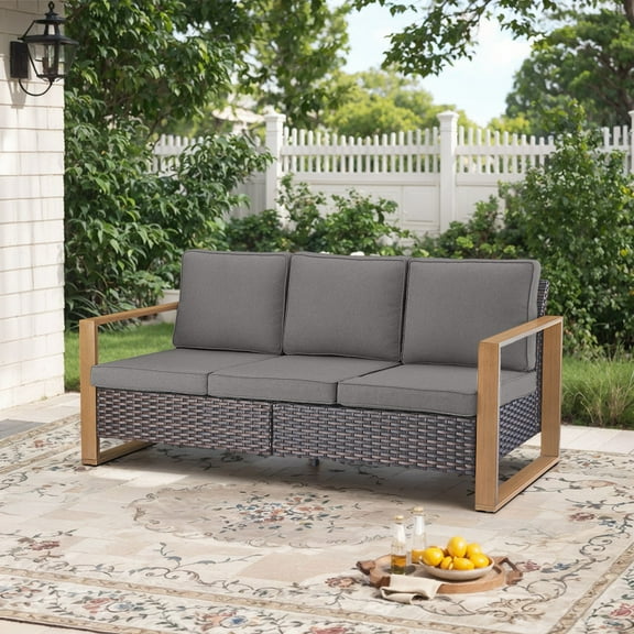 Lumiinofami Outdoor 3-Seat Patio Sofa, All-Weather Wicker Rattan Deep Seat Couch with Gray Cushions