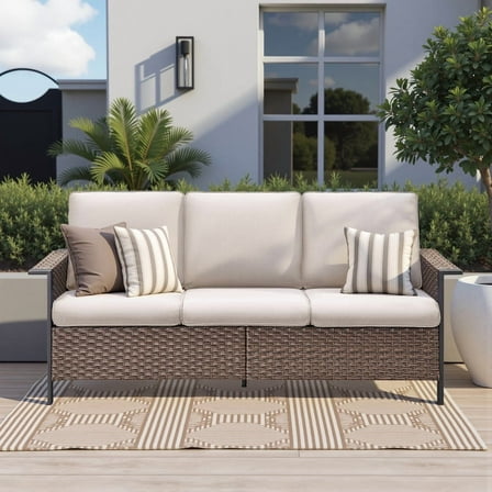 Lumiinofami Outdoor 3-Seat Patio Wicker Sofa Furniture, All-Weather Rattan Deep Seat Couch with Beige Cushions
