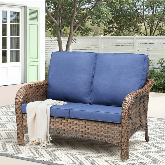 Lumiinofami Outdoor Loveseat Couch, Patio All Weather PE Rattan Deep Seating Sofa Furniture with Navy Cushions for Porch Backyard Balcony