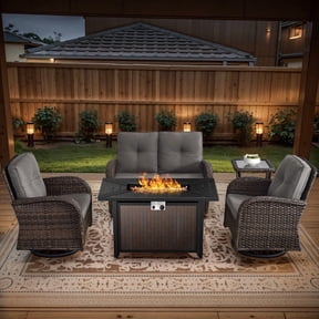 Lumiinofami Outdoor Patio Furniture Set with Fire Pit Table, 5 Piece Outdoor Sectional Glider Loveseat, Swivel Rocker Chairs and Side Table, All-Weather Wicker Patio Conversation Fire Pit Set, Gray