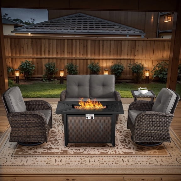 Lumiinofami Outdoor Patio Furniture Set with Fire Pit Table, 5 Piece Outdoor Sectional Glider Loveseat, Swivel Rocker Chairs and Side Table, All-Weather Wicker Patio Conversation Fire Pit Set, Gray