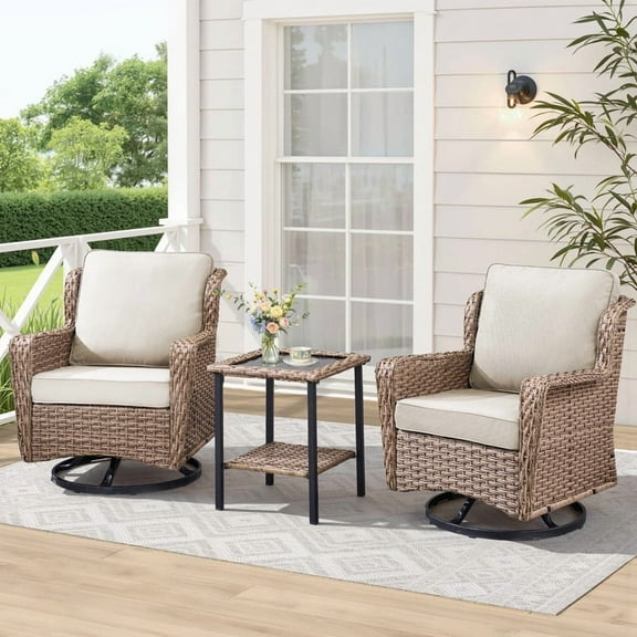 Lumiinofami Outdoor Patio Rattan Swivel Rocking Chairs Set with Side Table Set of 3, Wicker Rocker Glider Furniture Sets, Beige Cushions