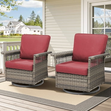 Lumiinofami Outdoor Patio Swivel Rocker Glider Chairs Set of 2, All-Weather Wicker High Back Swivel Rocking Chairs with Wide Armrests and Red Cushions for Backyard Garden Deck