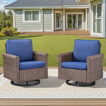 Lumiinofami Outdoor Patio Wicker Swivel Rocker Glider Lounge Chairs Set of 2, Navy Cushions