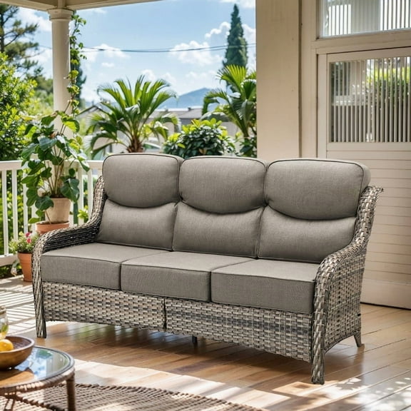Lumiinofami Outdoor Wicker Rattan Sofa Patio 3-Seater Sofa Couch Deep Seat with Upgraded 6" Thick Cushions for Balcony Porch Garden, Gray
