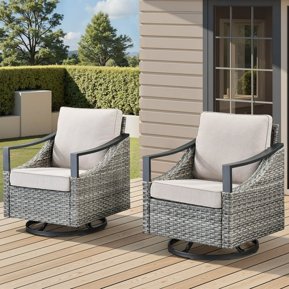 Lumiinofami Outdoor Wicker Swivel Rocking Chairs Set of 2, Patio Glider Rockers with Beige Cushions for Porch Garden Deck